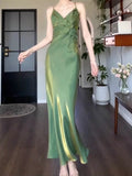 Pretty Sheath Spaghetti Straps Satin Green Long Prom Dresses HZ1024