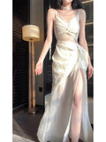 Pretty Sheath Spaghetti Straps Slit Ivory Long Prom Dresses HZ1024