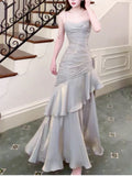 Pretty Sheath Spaghetti Straps Satin Long Prom Dresses HZ1024