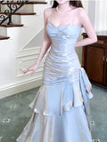 Pretty Sheath Spaghetti Straps Satin Long Prom Dresses HZ1024