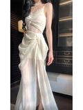 Pretty Sheath Spaghetti Straps Slit Ivory Long Prom Dresses HZ1024