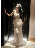 Pretty Sheath Spaghetti Straps Slit Ivory Long Prom Dresses HZ1024