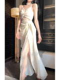 Pretty Sheath Spaghetti Straps Slit Ivory Long Prom Dresses HZ1024