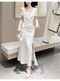 Pretty Sheath Square Neckline Short Sleeves Slit Ivory Long Prom Dresses HZ1024