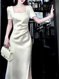 Pretty Sheath Square Neckline Short Sleeves Slit Ivory Long Prom Dresses HZ1024