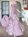 Pretty Sheath Spaghetti Straps Lilac Ruffles Long Prom Dresses HZ1024