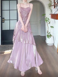 Pretty Sheath Spaghetti Straps Lilac Ruffles Long Prom Dresses HZ1024