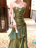 Pretty Sheath Spaghetti Straps Green Ruffles Long Prom Dresses HZ1024