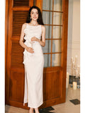 Pretty Sheath Spaghetti Straps White Ruffles Long Prom Dresses HZ1024