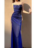 Pretty Sheath Spaghetti Straps Royal Blue Ruffles Sequin Prom Dresses HZ1024