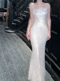 Pretty Sheath Spaghetti Straps Silver Sequin Prom Dresses HZ1024