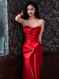Sexy Mermaid Sweetheart Satin Long Prom Dresses Red Slit Birthday Outfits HZ1024
