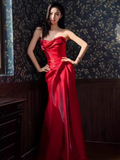 Sexy Mermaid Sweetheart Satin Long Prom Dresses Red Slit Birthday Outfits HZ1024