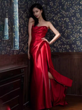Sexy Mermaid Sweetheart Satin Long Prom Dresses Red Slit Birthday Outfits HZ1024