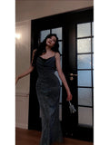 Sexy Sheath Spaghetti Straps Sleeveless Navy Blue Sequin Prom Dresses Evening Gowns HZ1024