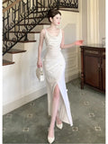 Pretty Mermaid Straps White Slit Long Prom Dresses Evening Dress HZ1024