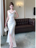 Pretty Mermaid Straps White Slit Long Prom Dresses Evening Dress HZ1024