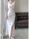 Pretty Mermaid Straps White Slit Long Prom Dresses Evening Dress HZ1024