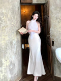 Pretty Mermaid Halter Sleeveless White Chiffon Long Prom Dresses Evening Dress HZ1024