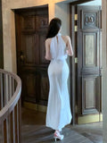 Pretty Mermaid Halter Sleeveless White Chiffon Long Prom Dresses Evening Dress HZ1024