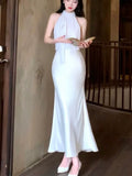 Pretty Mermaid Halter Sleeveless White Chiffon Long Prom Dresses Evening Dress HZ1024