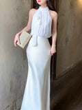 Pretty Mermaid Halter Sleeveless White Chiffon Long Prom Dresses Evening Dress HZ1024