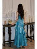 Vintage Mermaid Spaghetti Straps Sleeveless Blue Long Prom Dresses Evening Dress HZ1024