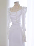 Vintage Mermaid Long Sleeves White Satin Long Wedding Dresses HZ1024