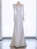 Vintage Mermaid Long Sleeves White Satin Long Wedding Dresses HZ1024