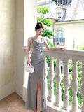 Pretty Mermaid Straps Gray Satin Slit Long Prom Dresses Evening Dress HZ1024