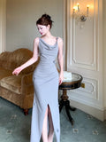 Pretty Mermaid Straps Gray Satin Slit Long Prom Dresses Evening Dress HZ1024