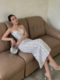Sexy Sheath Spaghetti Straps White Lace Ankle Length Prom Dresses Evening Dress HZ1024