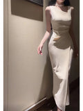 Sexy Sheath Ivory Satin Slit Ankle Length Prom Dresses Evening Dress HZ1024