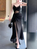 Pretty Sheath Spaghetti Straps Black Ankle Length Prom Dresses Evening Dress HZ1024