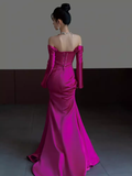 Sexy Mermaid Off The Shoulder Hot Pink Long Sleeves Prom Dresses Satin Birthday Outfits HZ1024