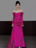 Sexy Mermaid Off The Shoulder Hot Pink Long Sleeves Prom Dresses Satin Birthday Outfits HZ1024