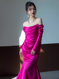 Sexy Mermaid Off The Shoulder Hot Pink Long Sleeves Prom Dresses Satin Birthday Outfits HZ1024