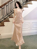 Gorgeous Mermaid V Neckline Sequin Champagne Long Prom Dresses Evening Dress HZ1024