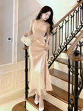 Gorgeous Mermaid V Neckline Sequin Champagne Long Prom Dresses Evening Dress HZ1024