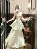 Classy A Line Spaghetti Straps Ivory Long Prom Dresses Evening Dress With Layers HZ1024