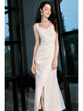 Classy Sheath Straps Sleeveless Ivory Satin Knee Length Prom Dresses Evening Dress HZ1024