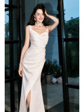 Classy Sheath Straps Sleeveless Ivory Satin Knee Length Prom Dresses Evening Dress HZ1024