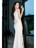 Classy Sheath Straps Sleeveless Ivory Satin Knee Length Prom Dresses Evening Dress HZ1024