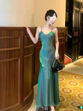Vintage Sheath Spaghetti Straps Sleeveless Green Long Prom Dresses Evening Dress HZ1024