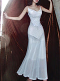 Vintage Sheath Spaghetti Straps Sleeveless White Long Prom Dresses With Silver Beads Evening Dress HZ1024