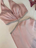 Vintage Sheath Halter Sleeveless Pink Long Prom Dresses With Silver Beads Evening Dress HZ1024