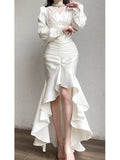 Classy High Low V Neckline Ankle Length White Prom Dresses Evening Dress HZ1024