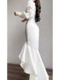 Classy High Low V Neckline Ankle Length White Prom Dresses Evening Dress HZ1024