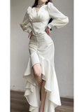 Classy High Low V Neckline Ankle Length White Prom Dresses Evening Dress HZ1024