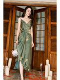 Vintage Sheath Spaghetti Straps Sleeveless Olive Green Prom Dresses Evening Dress HZ1024